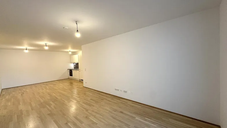 Heller Wohnbereich mit Parkettboden und integrierter Küchenzeile, ideal für offenes Wohnen.