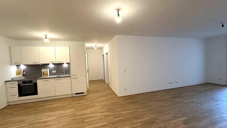 Heller offener Wohnbereich mit integrierter Küche und modernem Parkettboden.