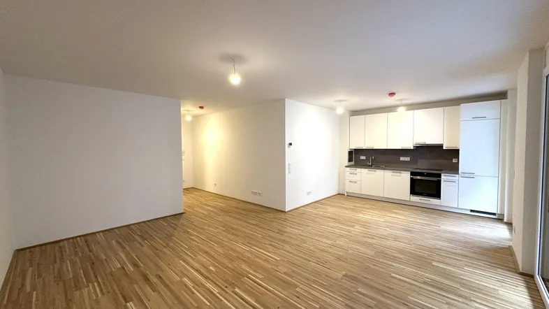 Heller offener Wohnbereich mit integrierter Küche und modernem Parkettboden, ideal für geselliges Beisammensein.
