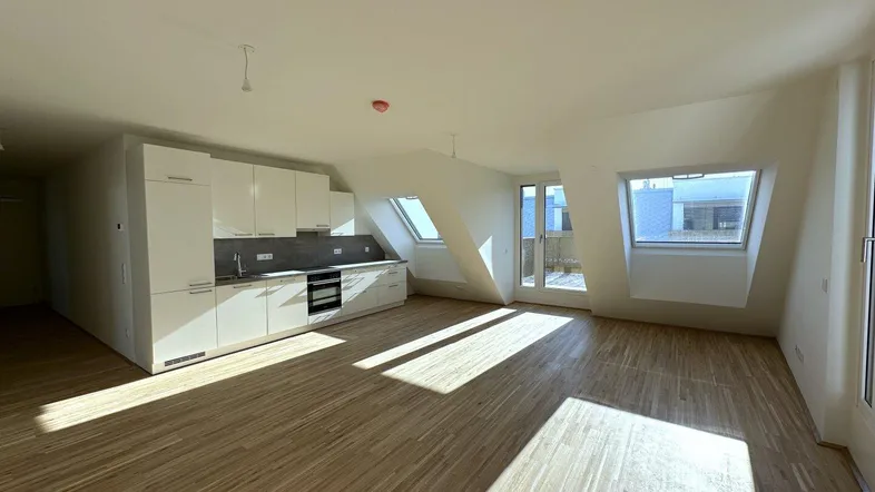 Heller Wohn- und Essbereich mit integrierter Küche, Parkettboden und Zugang zur Terrasse.
