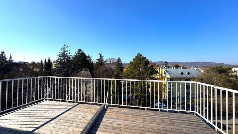 Geräumige Dachterrasse mit Holzboden und weitem Blick über die Umgebung unter blauem Himmel.