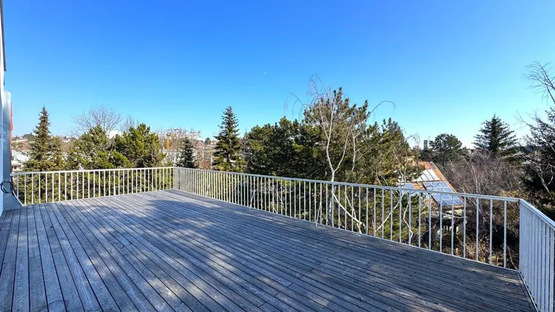 Große Holzterrasse mit weitem Blick über die Baumwipfel und die Stadt unter blauem Himmel.