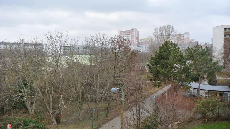 Blick über eine Wohnsiedlung mit Bäumen, Wegen und Gebäuden unter bewölktem Himmel.