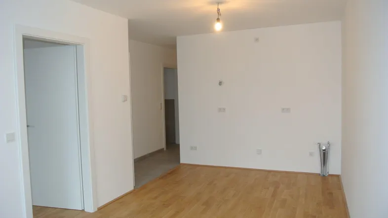 Heller, leerer Wohnraum mit hellem Holzfußboden und frisch gestrichenen weißen Wänden.