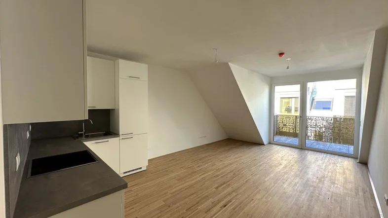 Heller offener Wohnbereich mit integrierter Küchenzeile, Holzboden und Zugang zu einem Balkon.