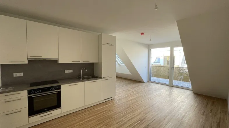 Heller offener Wohnbereich mit integrierter Küche, Holzboden und Zugang zu einem Balkon im Dachgeschoss.