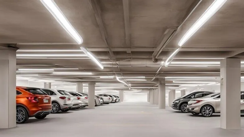 Helle und moderne Tiefgarage mit Betonwänden und effizienter Beleuchtung, bietet ausreichend Parkplätze.