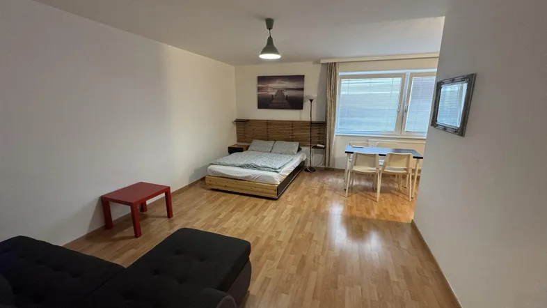 Helles Studio-Apartment mit Schlafbereich, Sofa und Esstisch, ideal für Einzelpersonen.
