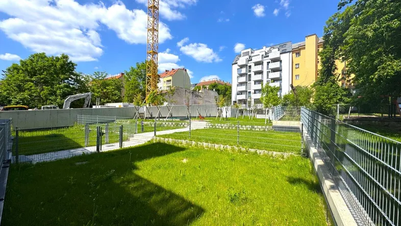 Neu angelegter Gemeinschaftsgarten mit Rasenflächen und jungen Bäumen, umgeben von Wohngebäuden.