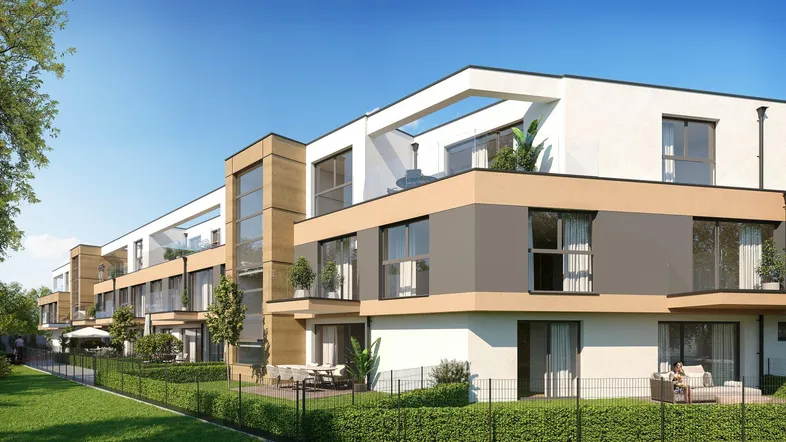 Moderne Wohnanlage mit Terrassen und Gärten, umgeben von Grünflächen und zeitgenössischer Architektur.