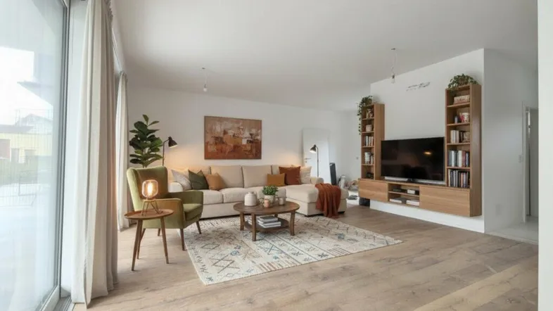 Helles Wohnzimmer mit Holzboden, großem Sofa, modernen Möbeln und Zugang zu einer Terrasse.