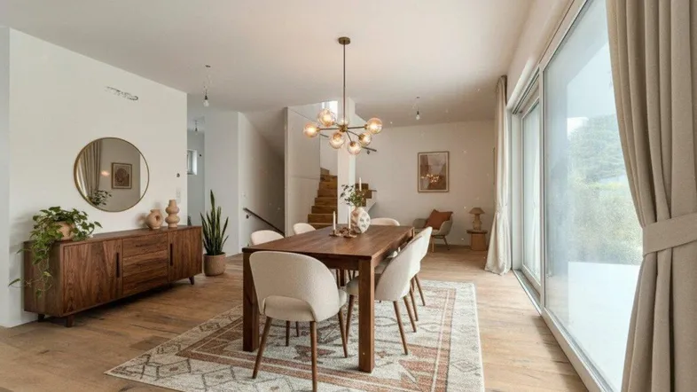 Moderner Essbereich mit Holztisch, bequemen Stühlen und großem Fenster für viel Tageslicht.