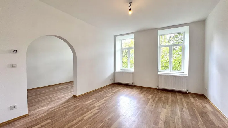 Helles, leeres Zimmer mit Laminatboden und einem Rundbogen, der zu einem weiteren Raum führt.