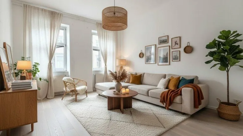 Helles, modern eingerichtetes Wohnzimmer mit beigem Sofa, Holzboden und dekorativen Elementen.