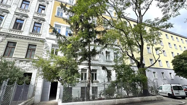 Historisches Gebäude mit klassischer Architektur und Bäumen im Vordergrund an einer ruhigen Straße.