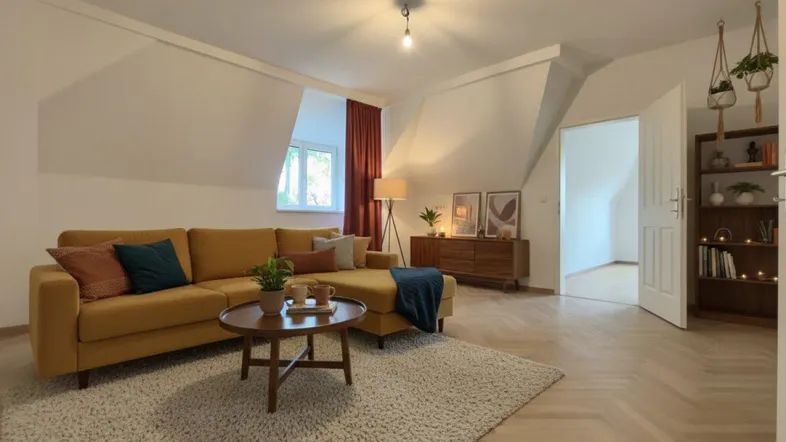 Gemütliches Wohnzimmer im Dachgeschoss mit schrägen Wänden, Parkettboden und einem bequemen gelben Sofa.