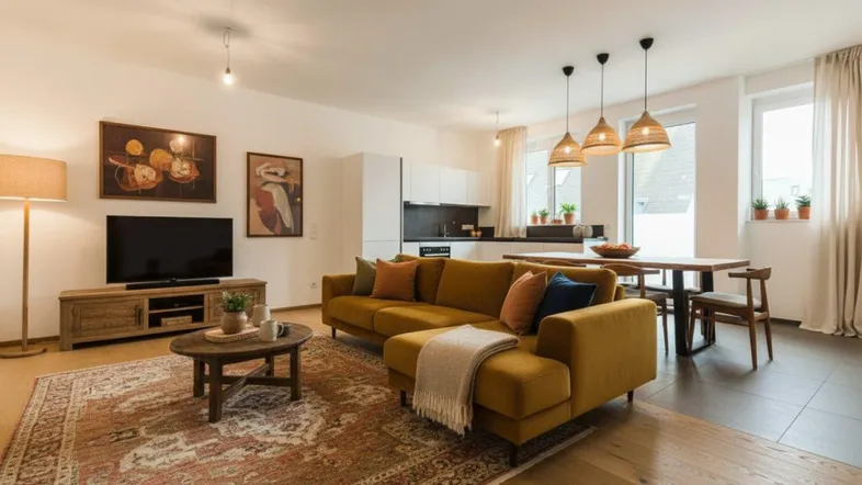Helles, offenes Wohn-Esszimmer mit moderner Küche, gemütlichem Sofa und Holzboden.