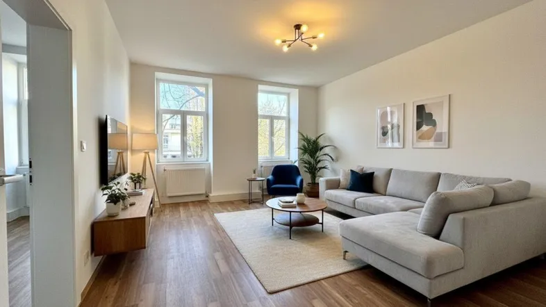 Helles und modern eingerichtetes Wohnzimmer mit bequemer Couch, Holzboden und großen Fenstern.