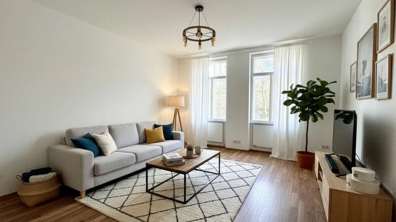 Helles Wohnzimmer mit modernem Sofa, Holzboden und dekorativem Teppich, ideal für entspannte Stunden.