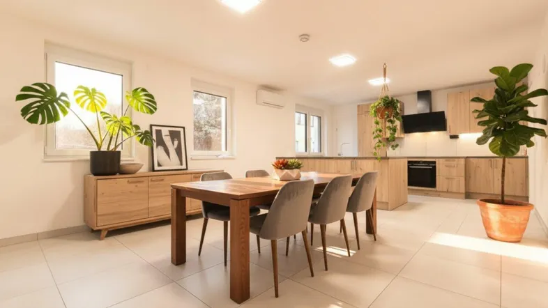 Helles, offenes Wohn-Esszimmer mit moderner Holzküche, Fliesenboden und viel Tageslicht.