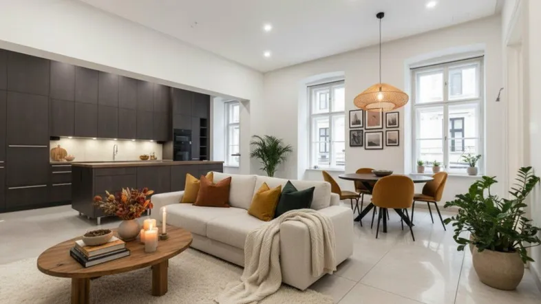 Modernes offenes Wohnzimmer mit integrierter Küche, Essbereich und gemütlicher Sitzecke.