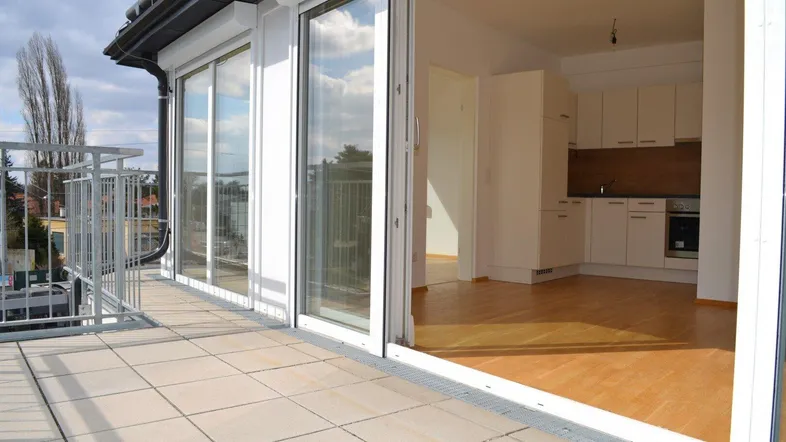Heller offener Wohnbereich mit integrierter Küche, Parkettboden und Zugang zu einer gefliesten Dachterrasse.