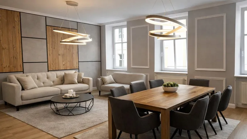 Heller Wohn- und Essbereich mit modernen Leuchten, Holzboden und stilvoller Wandgestaltung.