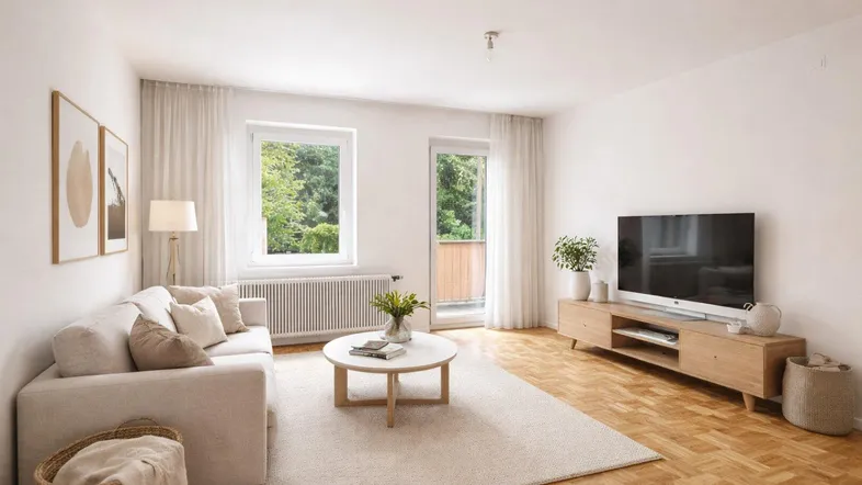 Helles Wohnzimmer mit modernem Sofa, Holzboden und Zugang zum Balkon.