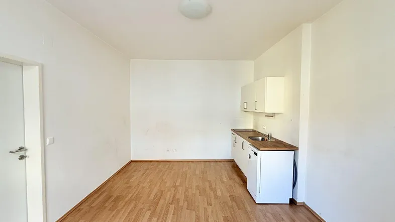 Heller Wohnbereich mit Laminatboden und integrierter Küchenzeile, ideal für ein Studio-Apartment.