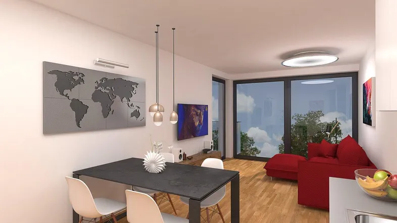 Moderner offener Wohn-Essbereich mit Holzboden, rotem Sofa und Zugang zum Balkon.