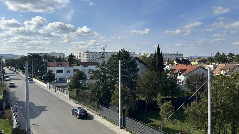 Blick auf die Wohngegend mit Häusern, Bäumen und einer Straße unter blauem Himmel.