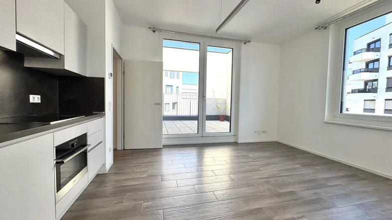 Moderner offener Wohnbereich mit integrierter Küche, Holzboden und Zugang zur Terrasse.