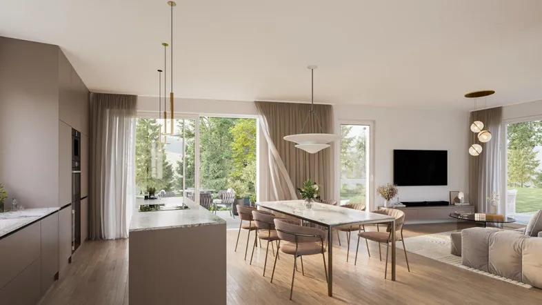 Offener Wohn- und Essbereich mit moderner Einbauküche, Holzboden und großen Fensterfronten zum Garten.