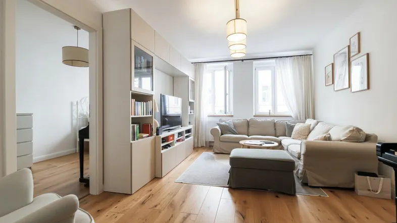 Helles Wohnzimmer mit beigem Sofa, Holzboden und integriertem TV-Möbel, offen zu einem weiteren Raum.