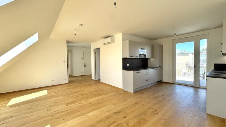 Helles, offenes Wohn-Esszimmer mit Holzboden, Dachfenstern und integrierter Küchenzeile.