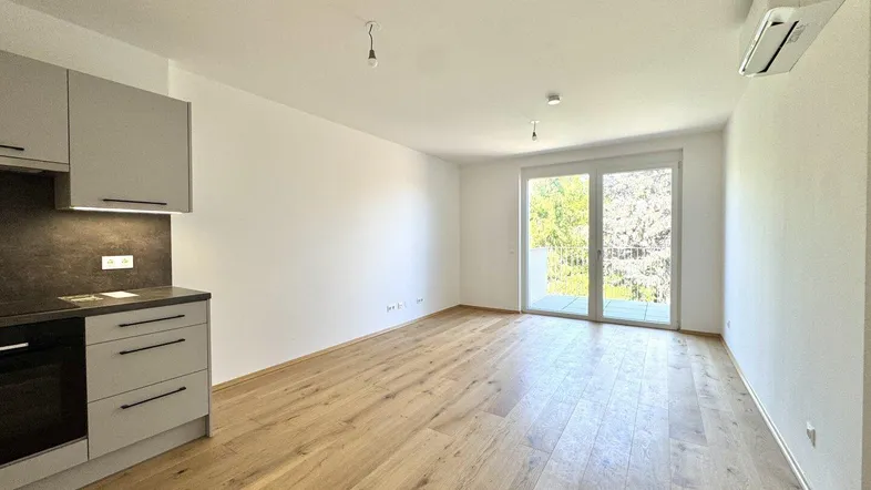 Helles Wohnzimmer mit Holzboden, Klimaanlage und Zugang zu einem Balkon.