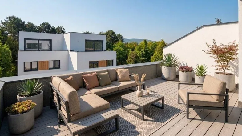 Geräumige Dachterrasse mit bequemen Loungemöbeln und Blick auf die umliegende grüne Landschaft.