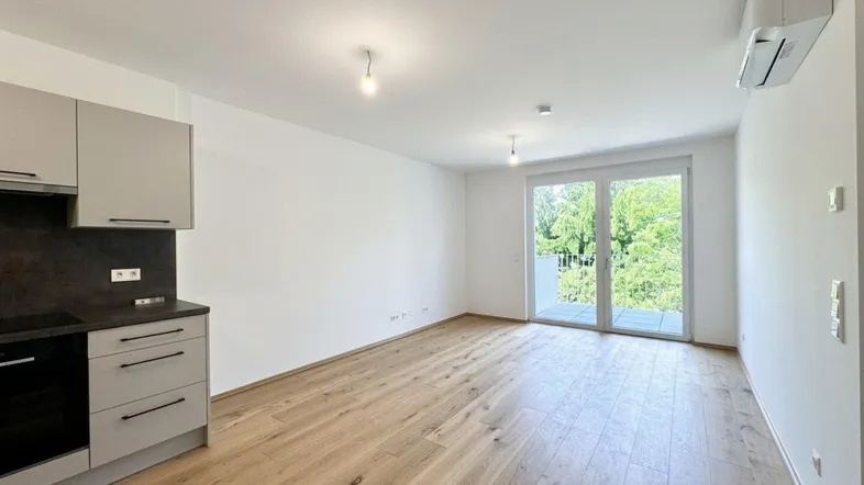 Heller offener Wohnbereich mit integrierter Küche, Holzboden und Zugang zum Balkon mit Blick ins Grüne.