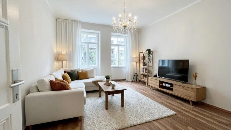 Helles Wohnzimmer mit beigem Ecksofa, Holzboden und modernem Kronleuchter, ideal zum Entspannen.