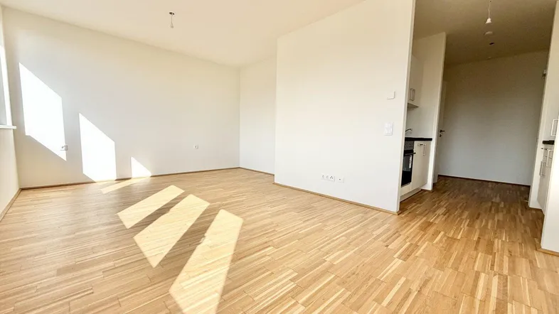 Helles, leeres Wohnzimmer mit modernem Parkettboden und viel natürlichem Licht.