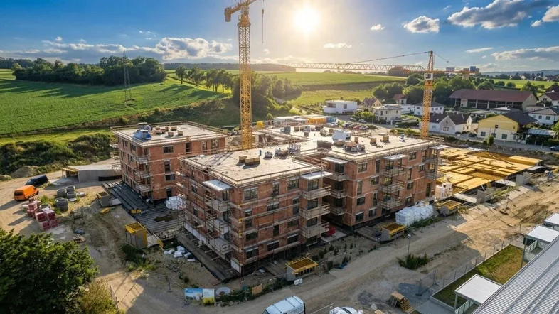 Neubauprojekt mit mehreren Gebäuden im Bau, umgeben von grünen Feldern und ländlicher Landschaft bei Sonnenuntergang.