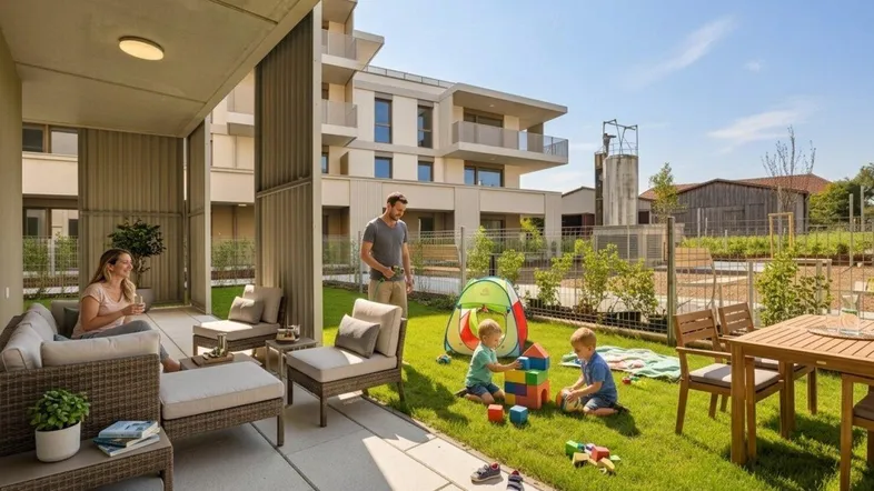 Sonnige Terrasse mit angrenzendem Garten und Spielbereich, ideal für Familien in einem modernen Wohnkomplex.