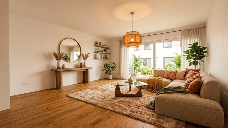 Helles Wohnzimmer mit Holzboden, beiger Couch und Zugang zu einem kleinen Gartenbereich.
