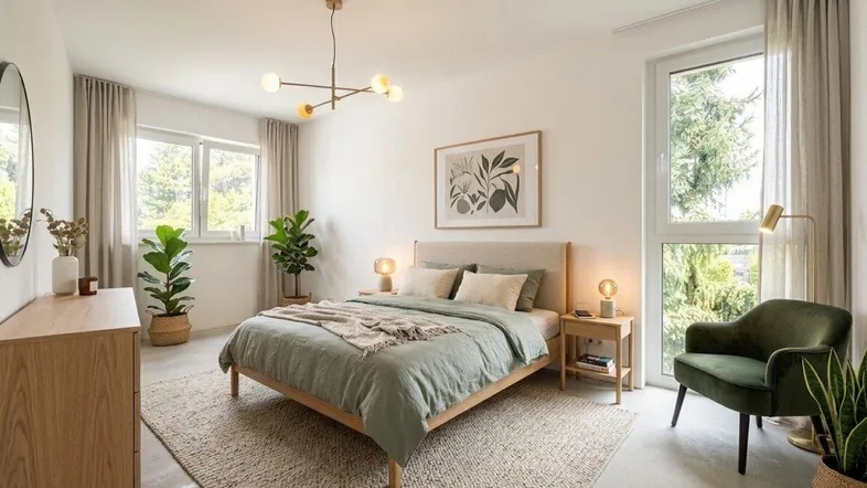 Helles Schlafzimmer mit modernem Bett, bequemen Sessel und großen Fenstern für viel Tageslicht.