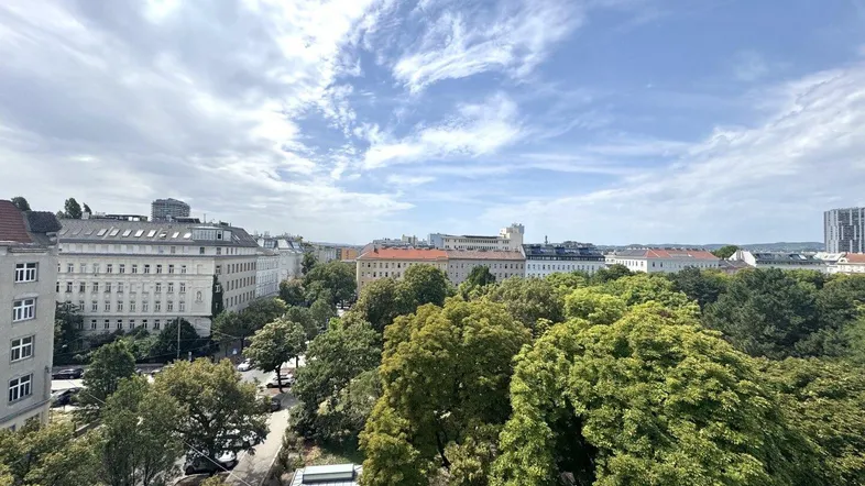 Weitläufiger Blick über die Stadt und grüne Baumkronen unter einem bewölkten Himmel.