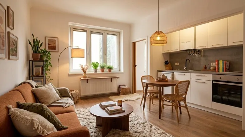 Helles Wohnzimmer mit offener Küchenzeile, Sofa und Esstisch in modernem Stil.