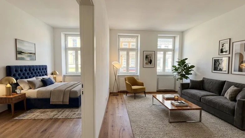 Virtuell inszenierter offener Wohnbereich mit Schlafzimmer und Holzboden, lichtdurchflutet.