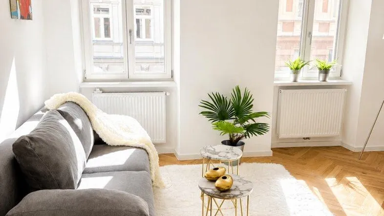 Helles Wohnzimmer mit modernem Sofa, weißem Teppich und viel Tageslicht durch große Fenster.