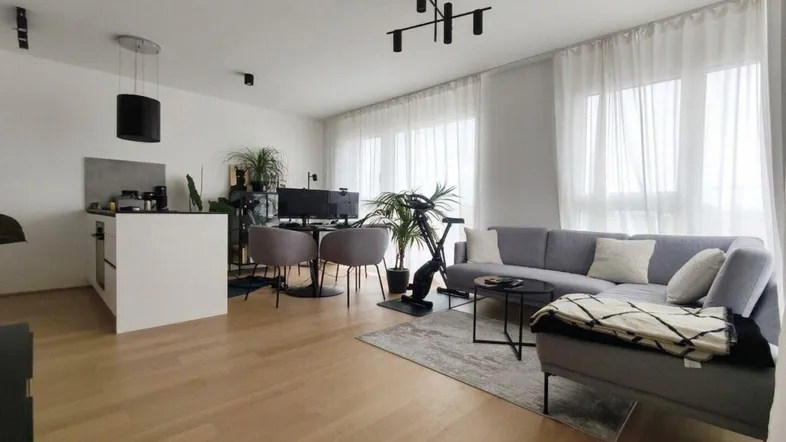 Heller offener Wohn- und Essbereich mit modernem Sofa, Holzboden und großen Fenstern mit Vorhängen.