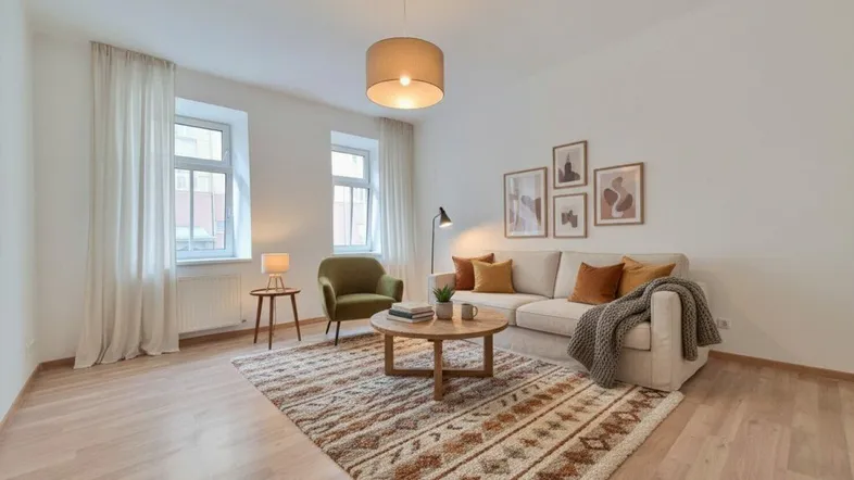 Helles Wohnzimmer mit hellem Holzboden, beiger Couch und einem gemusterten Teppich.